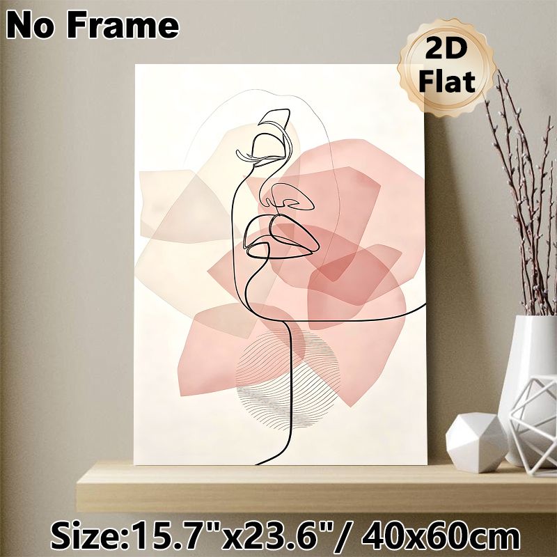 Abstract Face Line Art Painting Poster, Minimalist Single-Line Face With Soft Pink Geometric Shapes Poster, Sleek Elegant Aesthetic For Living Room_maomaolike.com