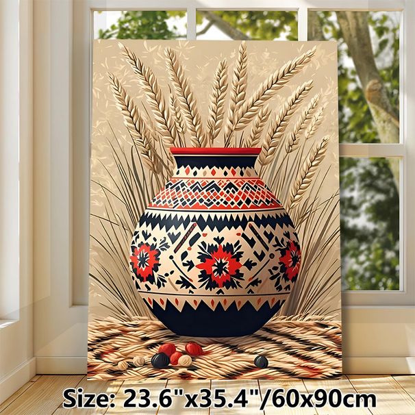 Ethnic Pot With Wheat Painting Poster, Vibrant Ethnic-style Intricate Patterned Pot & Wheat Stalks Poster, Warm Rustic Decor For Living Room, Dining_maomaolike.com