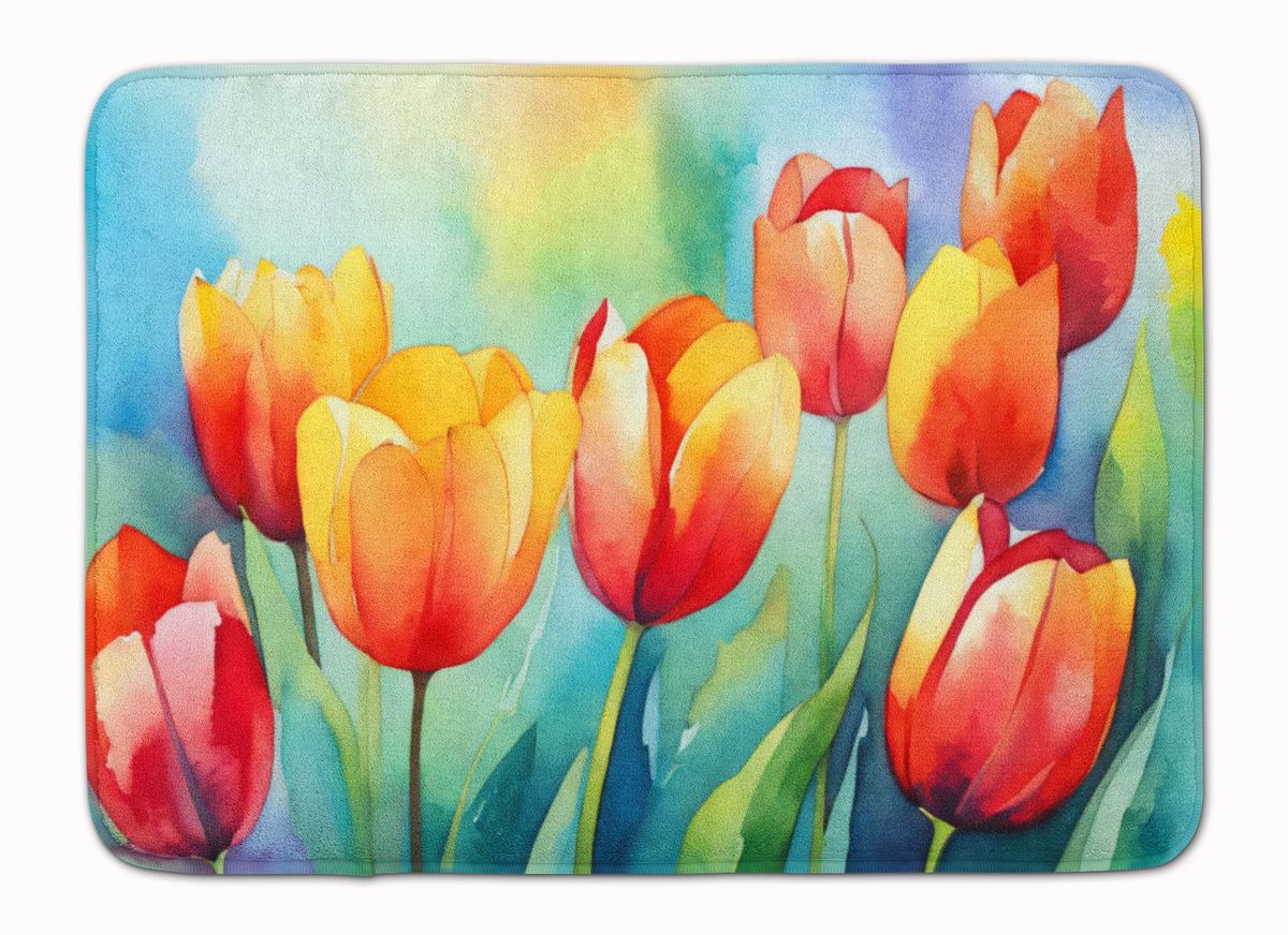 Tulips In Watercolor Memory Foam Kitchen Mat Machine Washable Anti-Fatigue Mat Cushion Comfort Bath Mat Or Kitchen Rug_maomaolike.com
