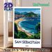 San Sebastián Coastal City Travel Landscape Painting Poster, Vibrant Stylized Seaside Cityscape With Curving Beach & Hillside Fortress Poster_maomaolike.com