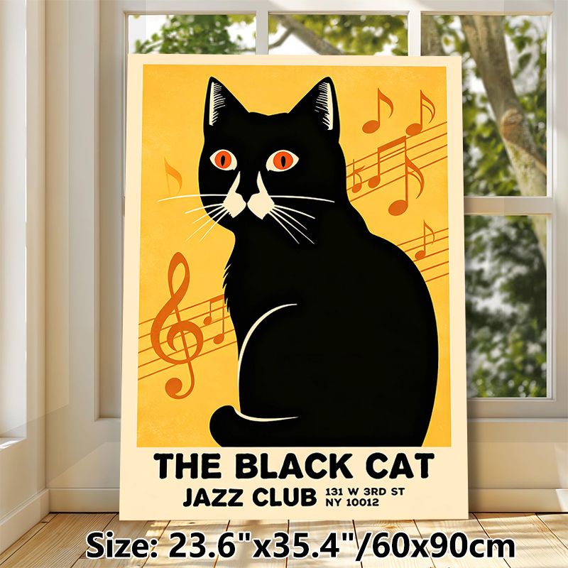 Black Cat Jazz Club Painting Poster, Warm-toned Retro Style Poster, Artistic Design With Black Cat & Musical Notes, Ideal For Home, Music Room And_maomaolike.com