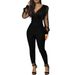 Women's Clothing new solid color V neck mesh slim long sleeved jumpsuit trousers large stock_maomaolike.com