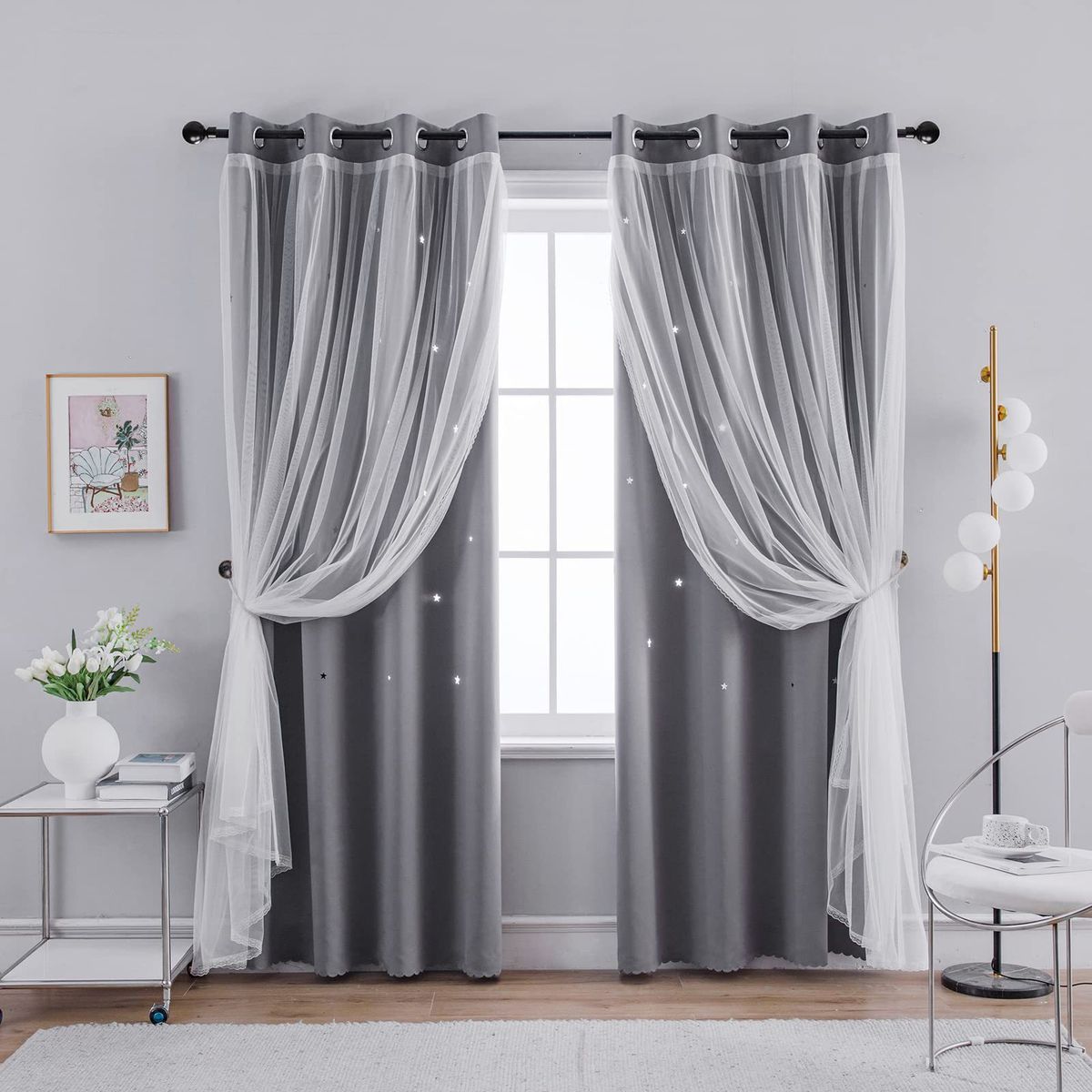 Double Layer Curtains Hollow Star Blackout Rod Punching Short Curtains_maomaolike.com