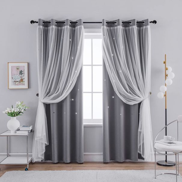 Double Layer Curtains Hollow Star Blackout Rod Punching Short Curtains_maomaolike.com