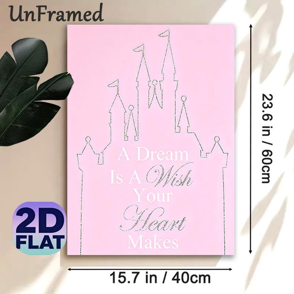Castle Themed Painting Poster, Soft Pink Minimalist Line Art Castle Poster, Inspirational "A Dream Is A Wish Your Heart Makes" Quote For Bedroom_maomaolike.com