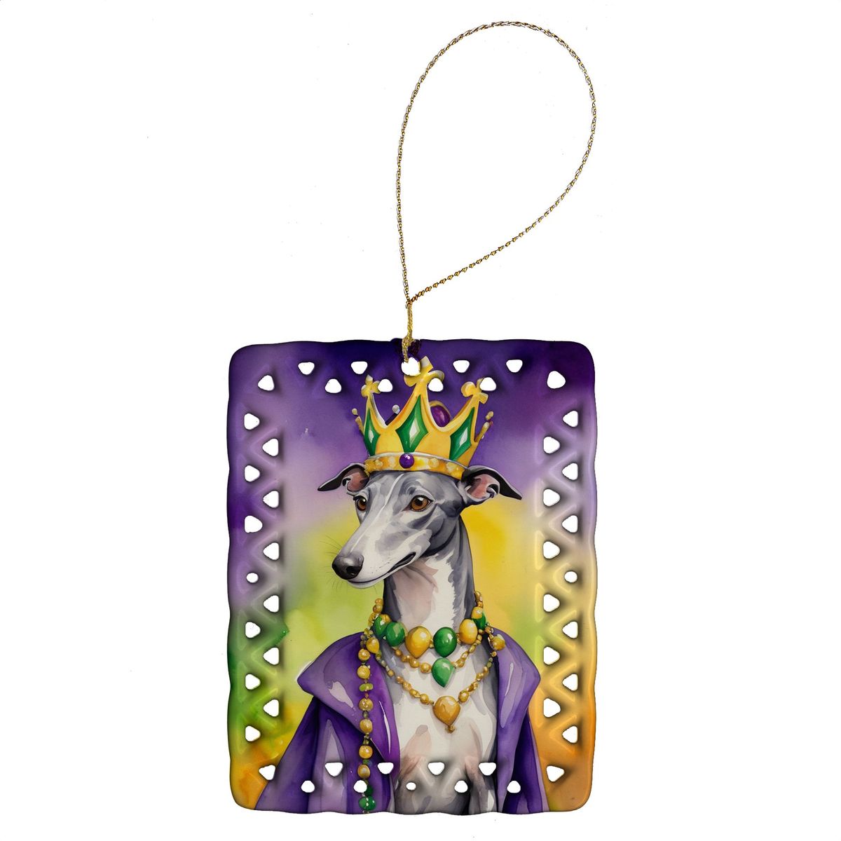 Greyhound King Of Mardi Gras Porcelain Ornament Christmas Tree Hanging Decorations For Home Christmas Holiday, Rectangle, Gift, Multicolor_maomaolike.com