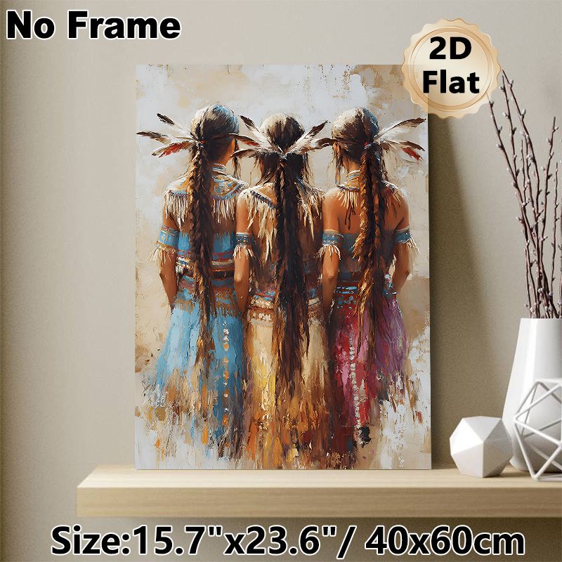 Native American Women Painting Poster, Warm-toned Impressionist-style Poster, Artistic Cultural Wall Decor Featuring Feather-adorned Traditional_maomaolike.com