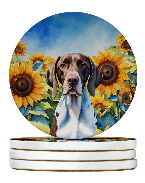 Pointer In Sunflowers Large Sandstone Coasters Pack Of 4 Absorbent Round Coasters Decor Gifts For Men Or Women, 4 In, Multicolor_maomaolike.com