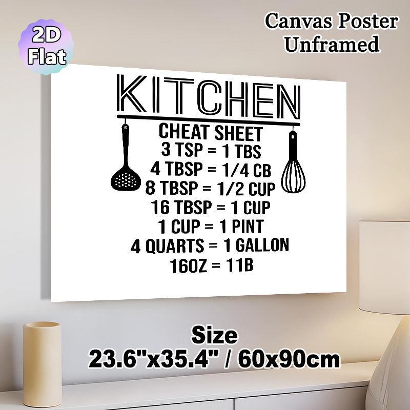 Kitchen Measurement Cheat Sheet Painting Poster, Minimalist Black & White Graphic Poster, Practical Cooking Measurement Reference For Home Kitchen_maomaolike.com