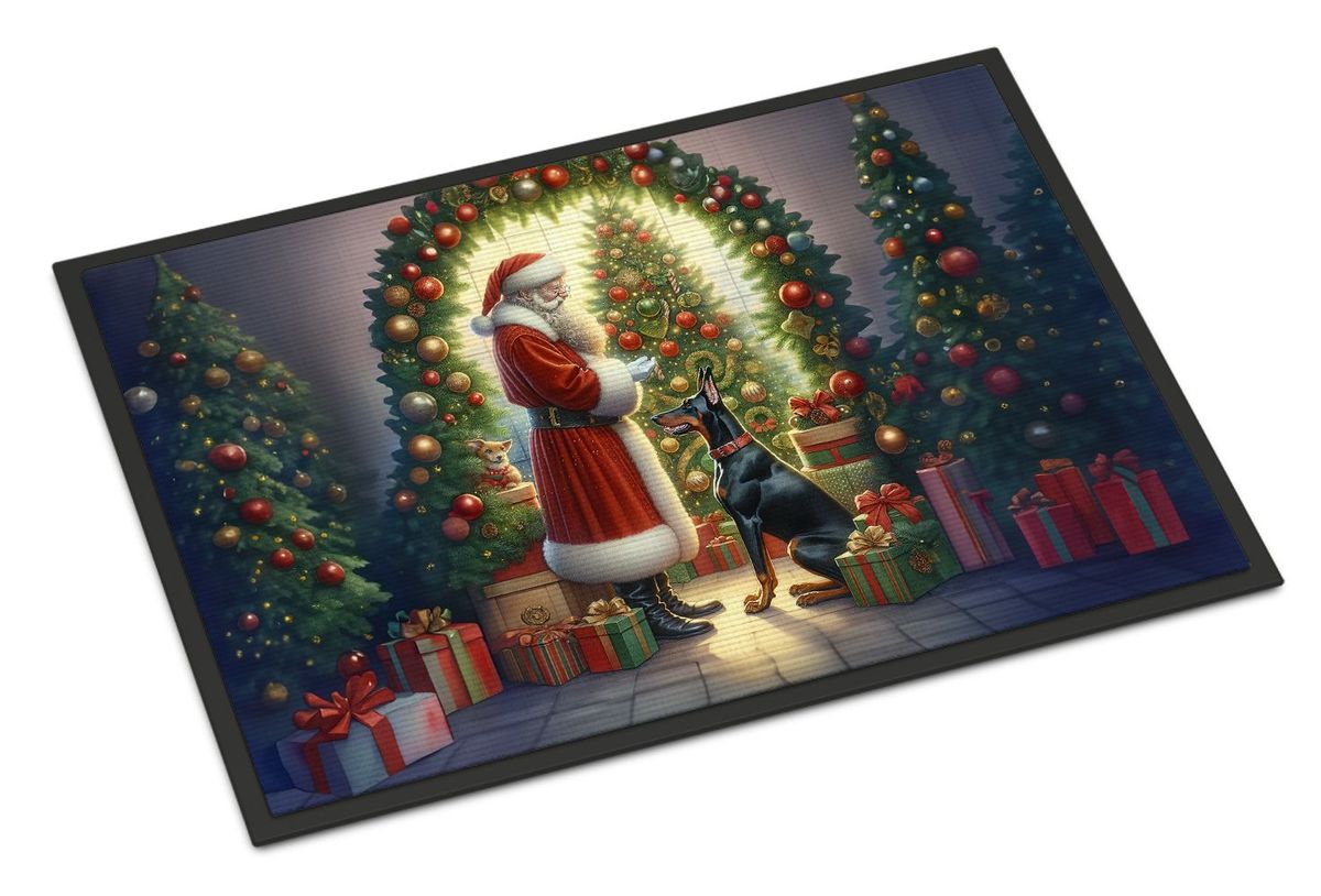 Doberman Pinscher And Santa Claus Doormat Front Door Mat Indoor Outdoor Rugs For Entryway, Non Slip Washable Low Pile, 24H X 36W_maomaolike.com
