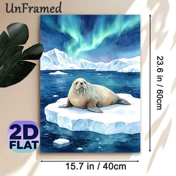 Walrus & Aurora Borealis Painting Poster, Soft Watercolor Arctic Scene Poster, Serene Icy Landscape Artwork, Suitable For Home, Living Room And Office_maomaolike.com