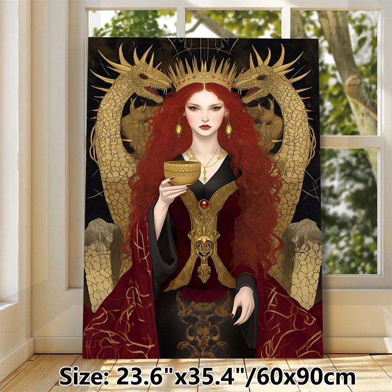 Dark Fantasy Queen & Dragon Painting Poster, Luxurious Gothic Style Poster, Mysterious Ornate Design With Red-haired Queen Holding Golden Cup, Ideal_maomaolike.com