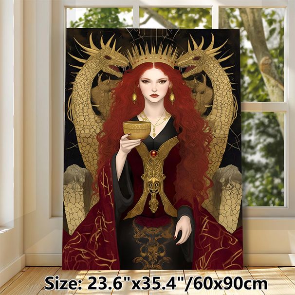 Dark Fantasy Queen & Dragon Painting Poster, Luxurious Gothic Style Poster, Mysterious Ornate Design With Red-haired Queen Holding Golden Cup, Ideal_maomaolike.com