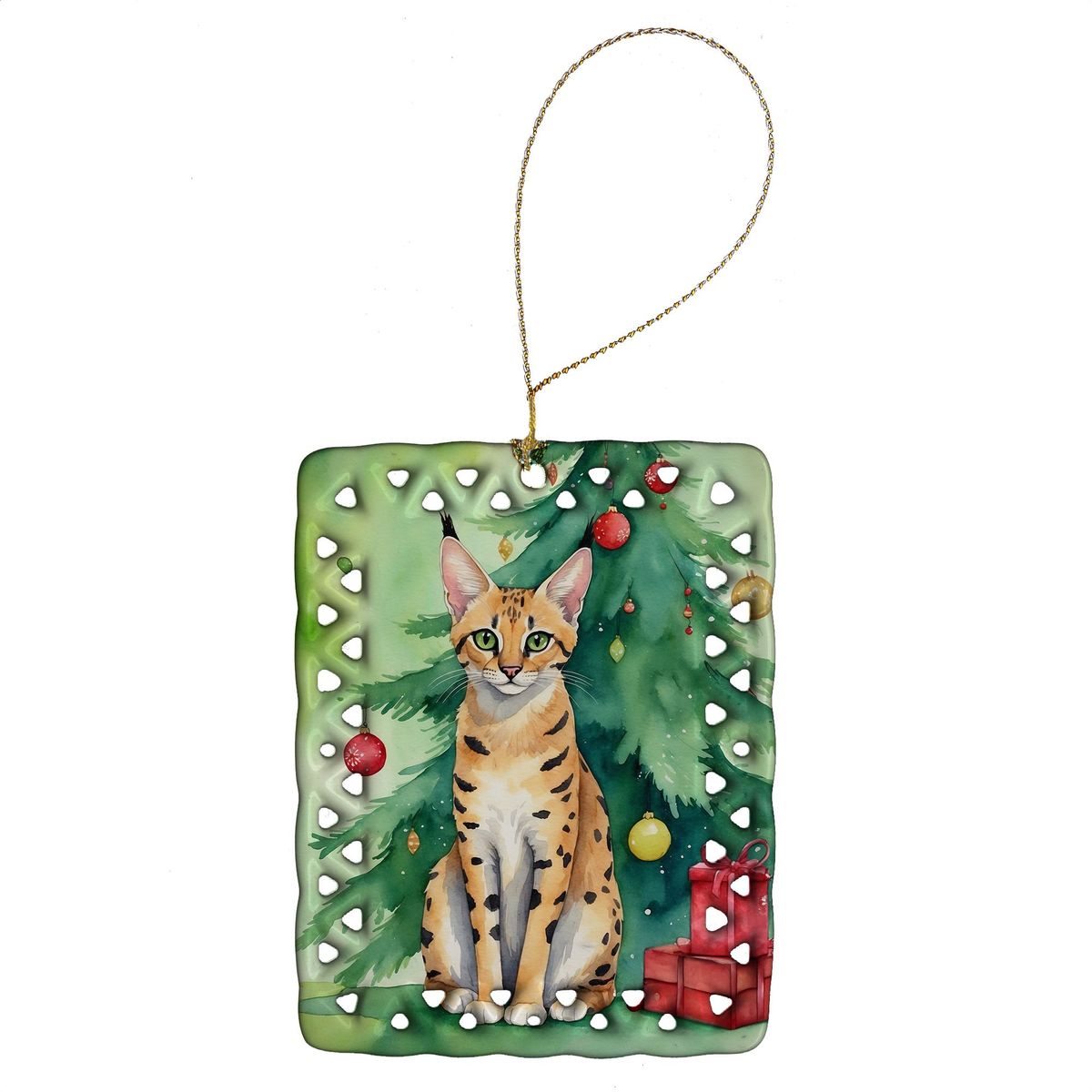 Serengeti Cat By The Christmas Tree Porcelain Ornament Christmas Tree Hanging Decorations For Home Christmas Holiday, Rectangle, Gift, Multicolor_maomaolike.com
