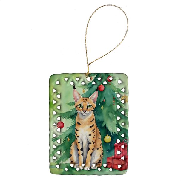 Serengeti Cat By The Christmas Tree Porcelain Ornament Christmas Tree Hanging Decorations For Home Christmas Holiday, Rectangle, Gift, Multicolor_maomaolike.com
