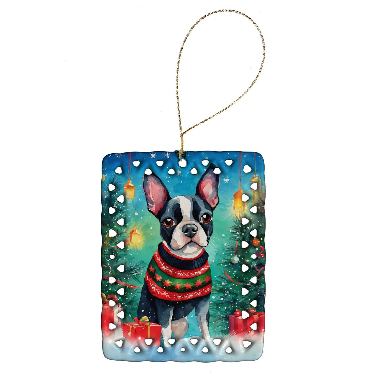 Boston Terrier Christmas Porcelain Ornament Christmas Tree Hanging Decorations For Home Christmas Holiday, Rectangle, Gift, Multicolor_maomaolike.com