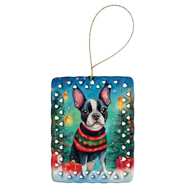 Boston Terrier Christmas Porcelain Ornament Christmas Tree Hanging Decorations For Home Christmas Holiday, Rectangle, Gift, Multicolor_maomaolike.com