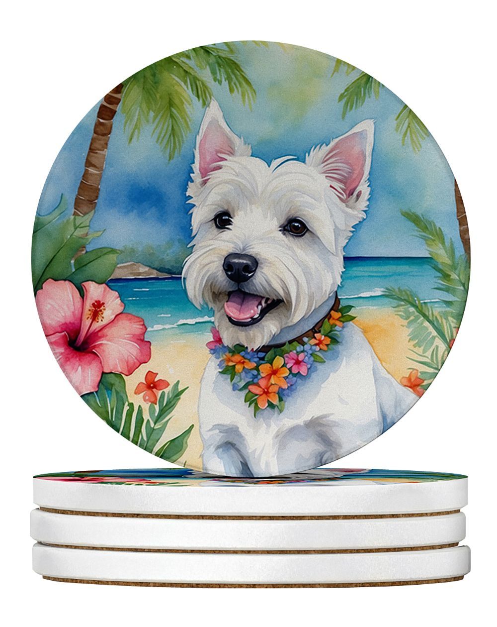 Westie Luau Large Sandstone Coasters Pack Of 4 Absorbent Round Coasters Decor Gifts For Men Or Women, 4 In, Multicolor_maomaolike.com