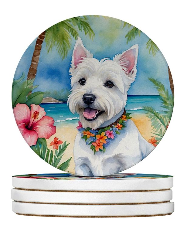 Westie Luau Large Sandstone Coasters Pack Of 4 Absorbent Round Coasters Decor Gifts For Men Or Women, 4 In, Multicolor_maomaolike.com