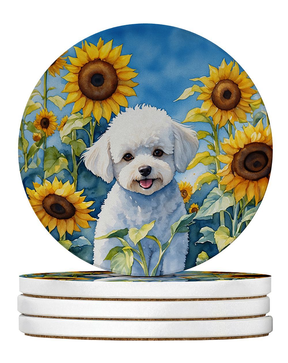 Bichon Frise In Sunflowers Large Sandstone Coasters Pack Of 4 Absorbent Round Coasters Decor Gifts For Men Or Women, 4 In, Multicolor_maomaolike.com