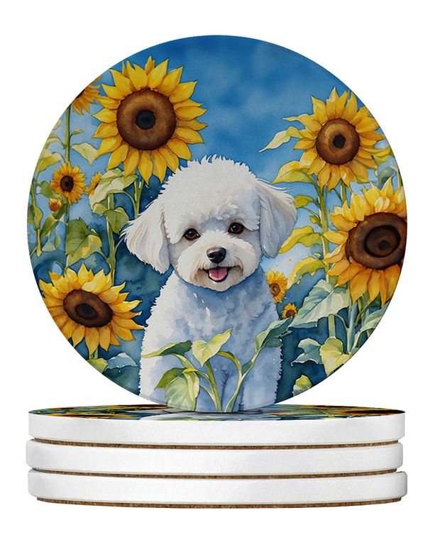 Bichon Frise In Sunflowers Large Sandstone Coasters Pack Of 4 Absorbent Round Coasters Decor Gifts For Men Or Women, 4 In, Multicolor_maomaolike.com
