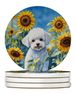 Bichon Frise In Sunflowers Large Sandstone Coasters Pack Of 4 Absorbent Round Coasters Decor Gifts For Men Or Women, 4 In, Multicolor_maomaolike.com