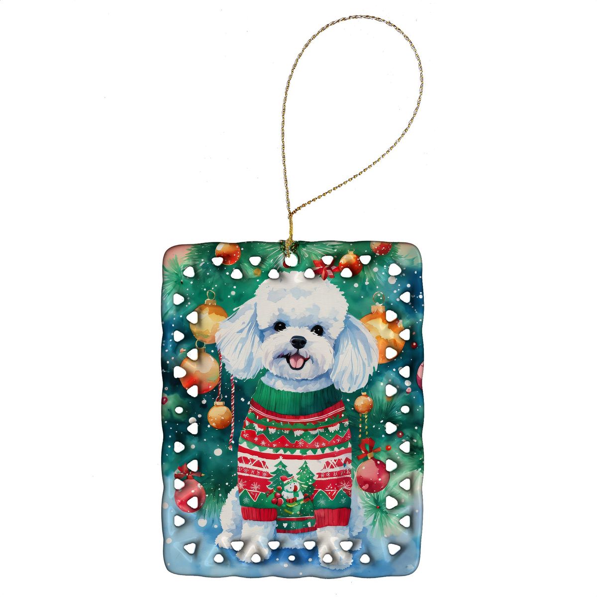 Bichon Frise Christmas Porcelain Ornament Christmas Tree Hanging Decorations For Home Christmas Holiday, Rectangle, Gift, Multicolor_maomaolike.com