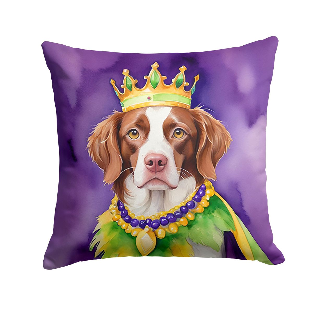 Brittany Spaniel King Of Mardi Gras Throw Pillow Machine Washable, Indoor Outdoor Decorative Pillow For Couch, Bed Or Patio, 14Hx14W_maomaolike.com