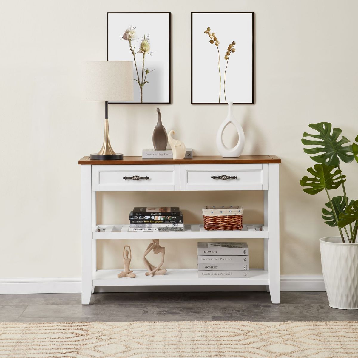 Retro Design Console Table With Two Open Shelves, Pine Solid Wood Frame And Legs For Living Room_maomaolike.com