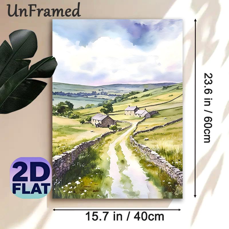 Rural Countryside Painting Poster, Soft-toned Watercolor Pastoral Landscape Poster, Serene Natural Scenery Ideal For Home Living Room, Bedroom_maomaolike.com