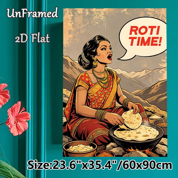 Roti Time Themed Painting Poster, Vibrant Vintage Comic Style Poster, Warm Cultural Indian Dining Scene, Ideal For Kitchen And Dining Area Decor_maomaolike.com