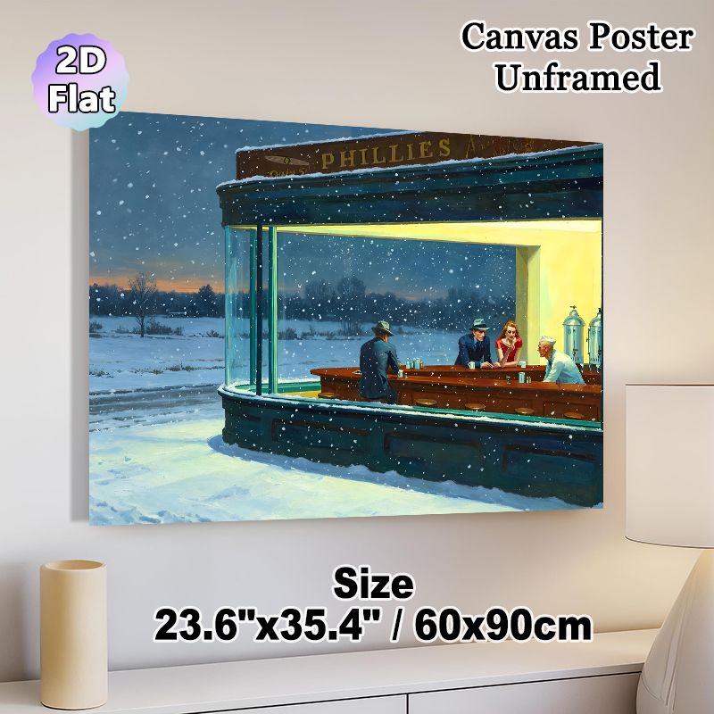 Snowy Late-night Diner Scene Painting Poster, Vintage Realistic Warm-lit Diner With Figures Poster, Atmospheric Nostalgic Artwork For Living Room_maomaolike.com