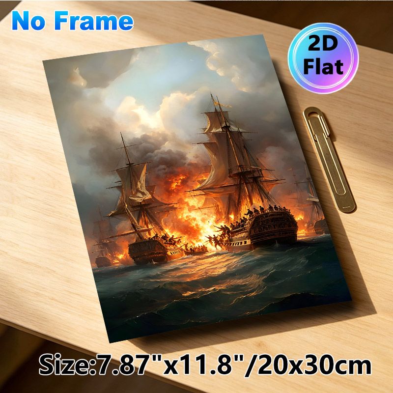 Naval Battle Painting Poster, Dramatic Realistic Maritime Combat Scene Poster, Captivating Historical Battle Depiction Suitable For Home Office, Study_maomaolike.com