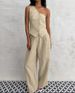 Women's Commuter Fashion Khaki Off-shoulder Cotton and Linen Vest Trousers Two-piece Set _maomaolike.com