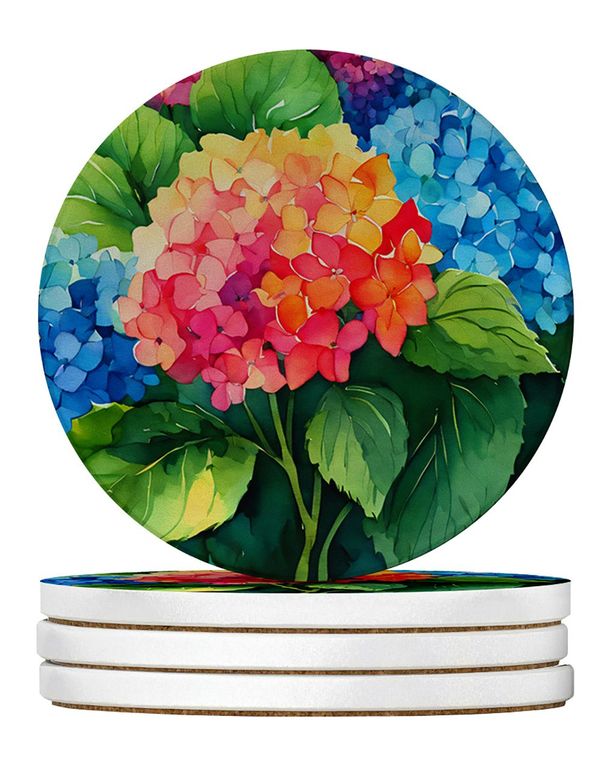 Hydrangeas In Watercolor Large Sandstone Coasters Pack Of 4 Absorbent Round Coasters Decor Gifts For Men Or Women, 4 In, Multicolor_maomaolike.com