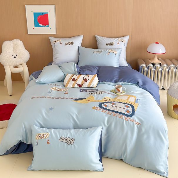 Ice Silk Quilt Cover Summer 60S Tencel Children's Three-Piece Set For Boys, Excavator Cartoon Embroidered Duvet Cover,_maomaolike.com