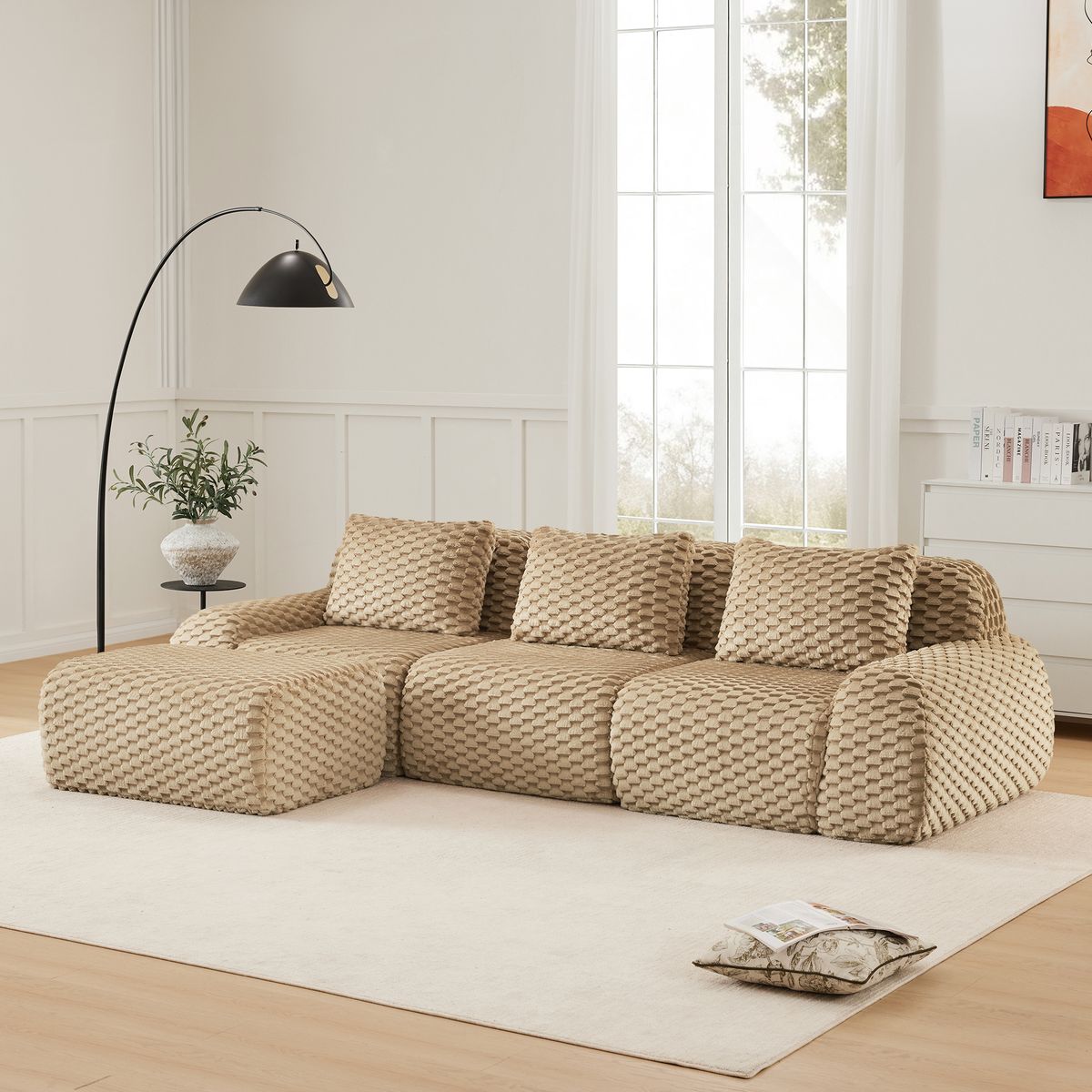 114 Modern L-Shaped Modular Sectional Sofa For Living Room,Flannelette Fabric,Oversized 3-Seater Couch,boneless Sofa ,Movable Ottoman,Buckle Connection,Anti-slip Design,No Assembly,Light_maomaolike.com