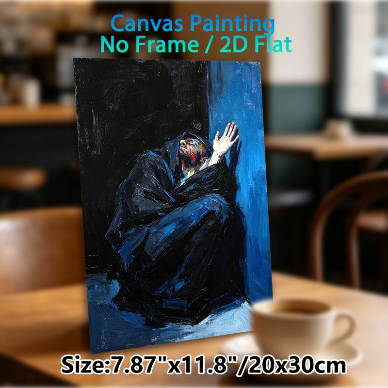 Expressive Seated Figure Painting Poster, Bold Impasto Style Poster, Dramatic Dark & Blue Toned Figure With Raised Hand, Evocative Artistic Decor_maomaolike.com