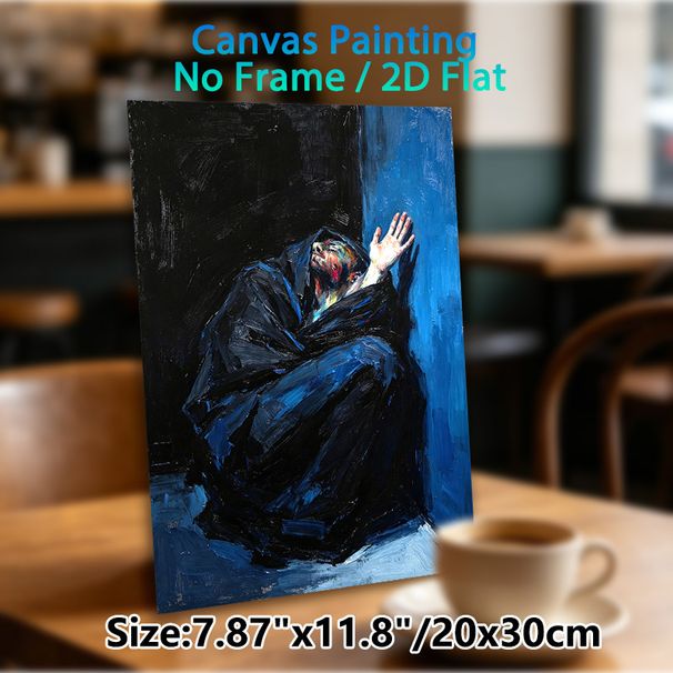 Expressive Seated Figure Painting Poster, Bold Impasto Style Poster, Dramatic Dark & Blue Toned Figure With Raised Hand, Evocative Artistic Decor_maomaolike.com