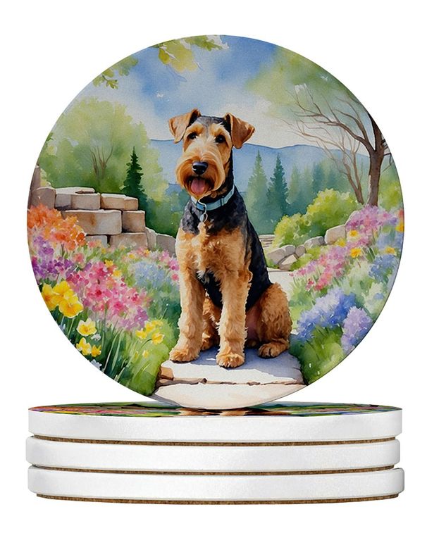 Airedale Terrier Spring Garden Large Sandstone Coasters Pack Of 4 Absorbent Round Coasters Decor Gifts For Men Or Women, 4 In, Multicolor_maomaolike.com