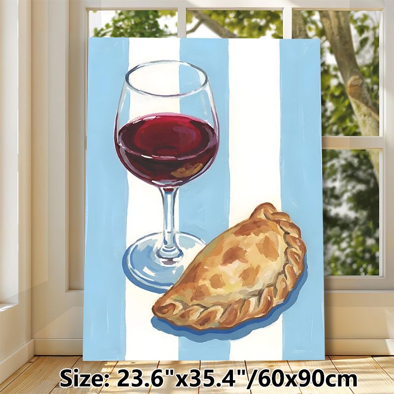 Wine & Empanada Themed Painting Poster, Vibrant Artistic Style Poster, Showcases Red Wine Glass With Golden Empanada, Adds Cozy Culinary Touch Ideal_maomaolike.com