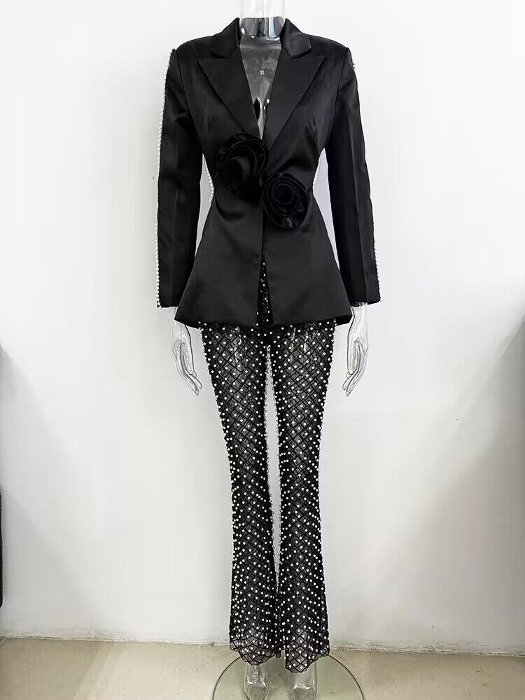 Women's Clothing New Style Hollow Beaded Three Dimensional Flower Suit Pearl Sequin Mesh Trousers Set_maomaolike.com