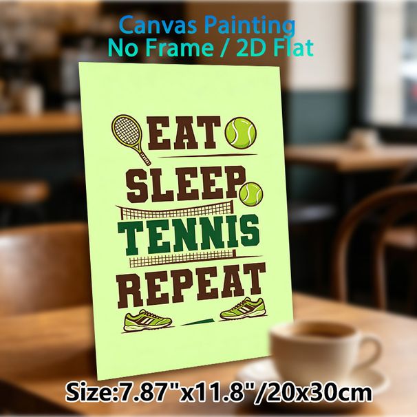 Tennis Themed Painting Poster, Playful Typographic Graphic Poster, "Eat Sleep Tennis Repeat" Design With Racket, Balls, Net & Sneakers, Sporty Decor_maomaolike.com
