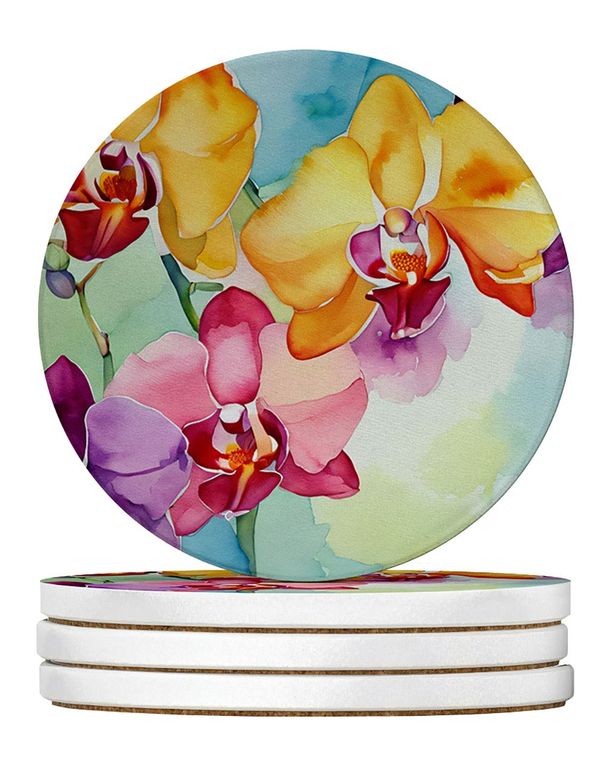 Orchids In Watercolor Large Sandstone Coasters Pack Of 4 Absorbent Round Coasters Decor Gifts For Men Or Women, 4 In, Multicolor_maomaolike.com