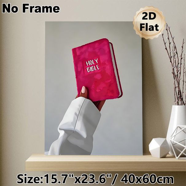 Holy Bible Themed Painting Poster, Vibrant Artistic Hand Holding Pink Holy Bible Poster, Faith-inspired Decor Ideal For Home, Prayer Room And_maomaolike.com