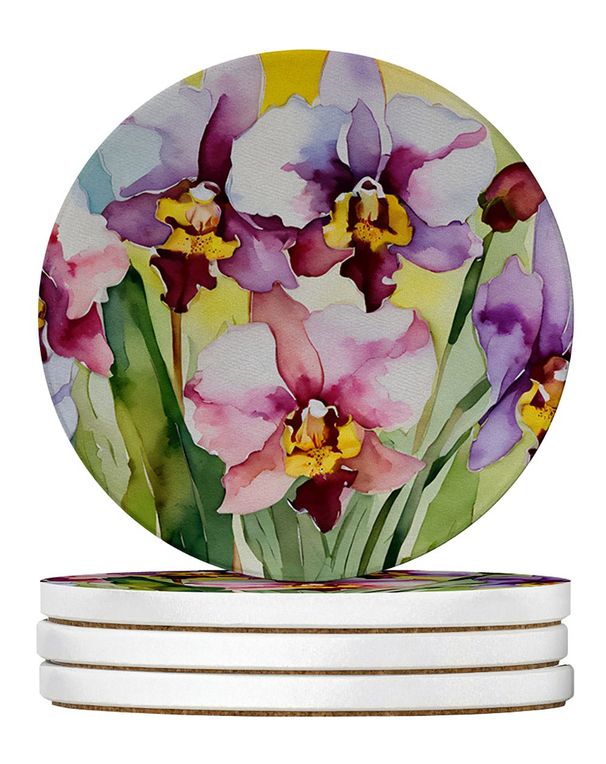 Orchids In Watercolor Large Sandstone Coasters Pack Of 4 Absorbent Round Coasters Decor Gifts For Men Or Women, 4 In, Multicolor_maomaolike.com