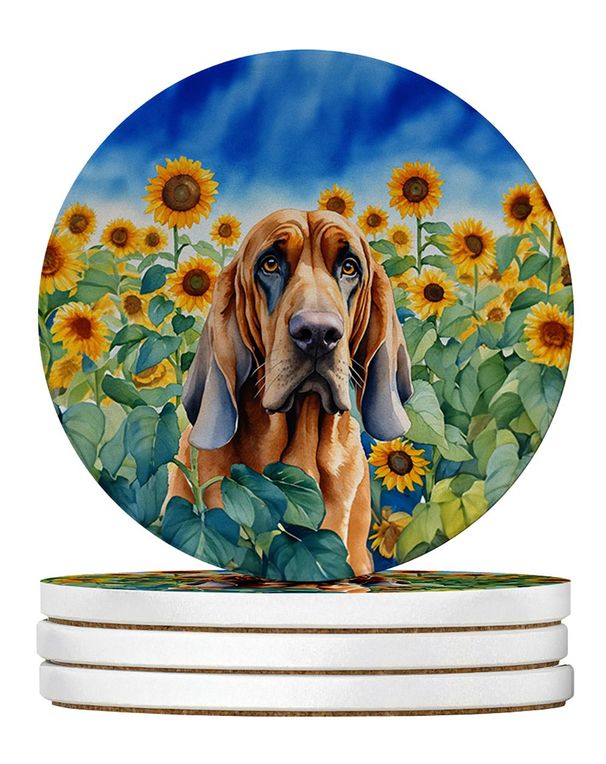 Bloodhound In Sunflowers Large Sandstone Coasters Pack Of 4 Absorbent Round Coasters Decor Gifts For Men Or Women, 4 In, Multicolor_maomaolike.com