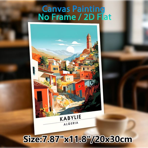 Kabylie Algeria Village Travel Painting Poster, Vibrant Retro Sunlit Hillside Village Scene Poster, Warm Travel-themed Decor Ideal For Living Room_maomaolike.com