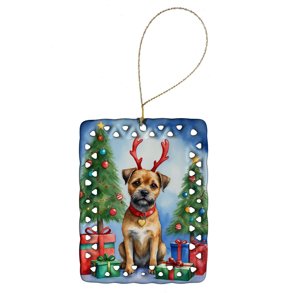 Border Terrier Christmas Reindeer Porcelain Ornament Christmas Tree Hanging Decorations For Home Christmas Holiday, Rectangle, Gift, Multicolor_maomaolike.com