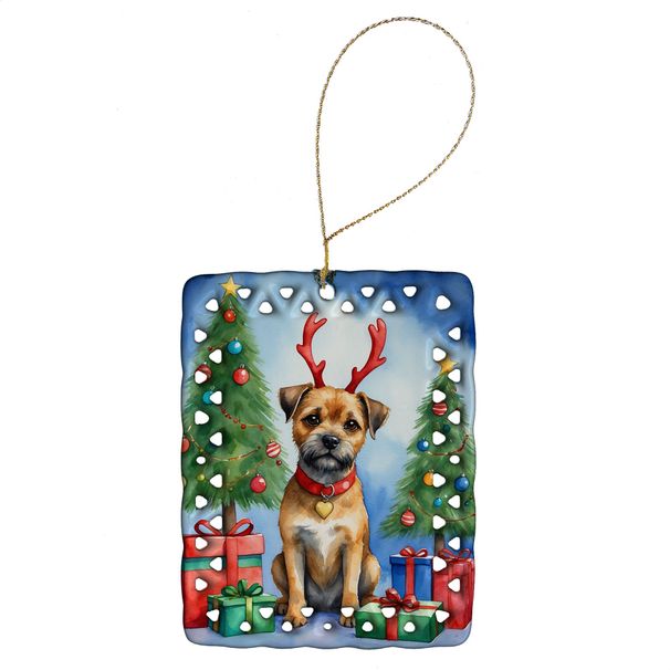 Border Terrier Christmas Reindeer Porcelain Ornament Christmas Tree Hanging Decorations For Home Christmas Holiday, Rectangle, Gift, Multicolor_maomaolike.com